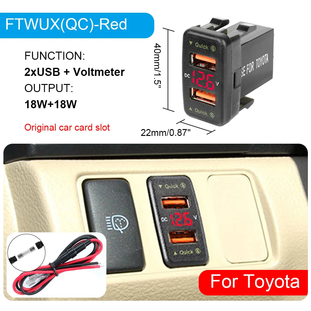 QC 3.0 USB Charger For Toyota Corolla Yaris RAV4 Car Power Adapter Socket Fuse LED Indicator Voltmeter Test Interior Accessories Zpaxo FTWUX(QC) Red