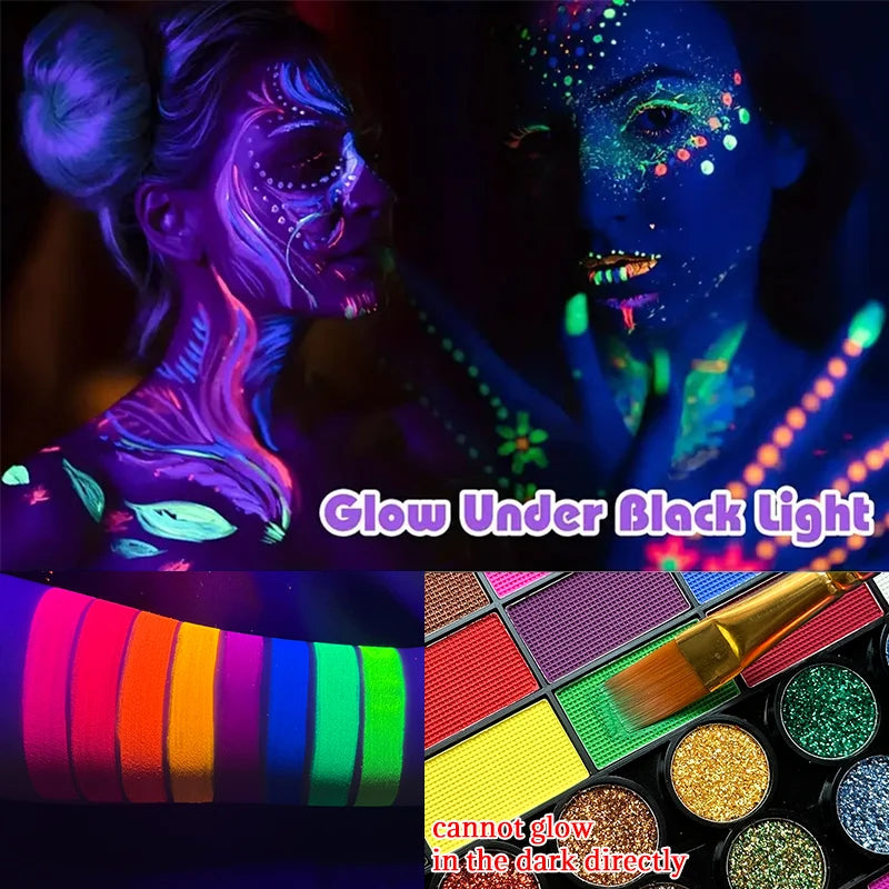 42-Colors Face Body Painting Palette Set,UV Glow Fluorescent Neon Face Body Art Paint Glitter Body Paint Makeup for Festival Zpaxo