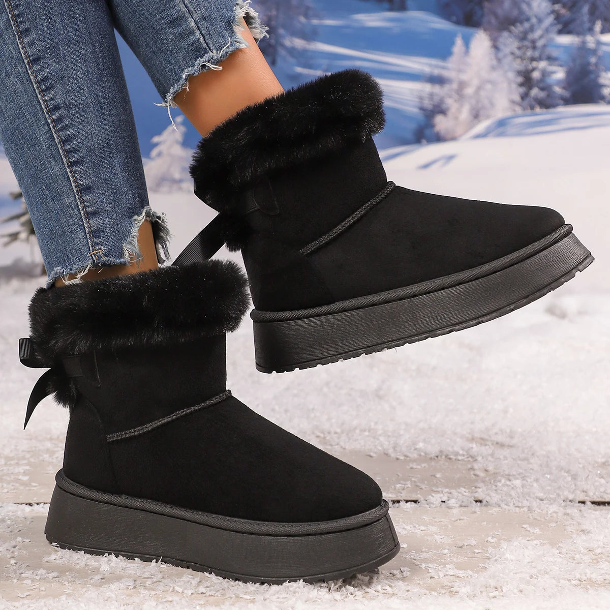 Fashionable Bow Round Toe Elegant Snow Boots Winter Flat Wear-resistant Comfortable Soft Students Plus Velvet Warm Women Shoes Zpaxo black 37