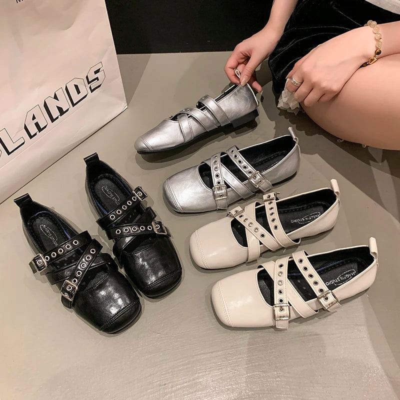Square Toe Loafers Shoes Woman Soft Leather Retro Sandals Shallow