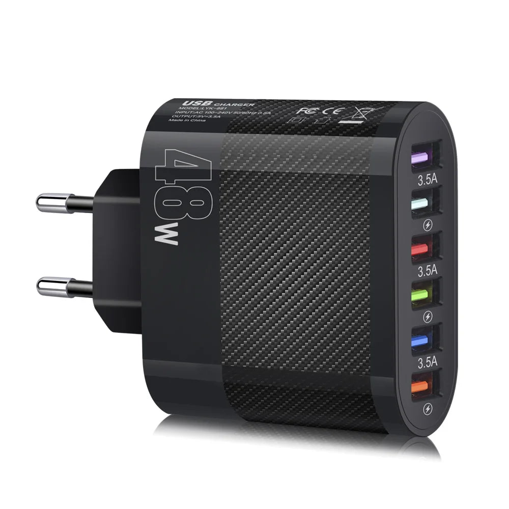 65W 6 Ports USB Charger Fast Charging Quick Charge 3.0 Travel Charger For iPhone Samsung Xiaomi Mobile Phone Adapter EU/US Plug Zpaxo EU Black