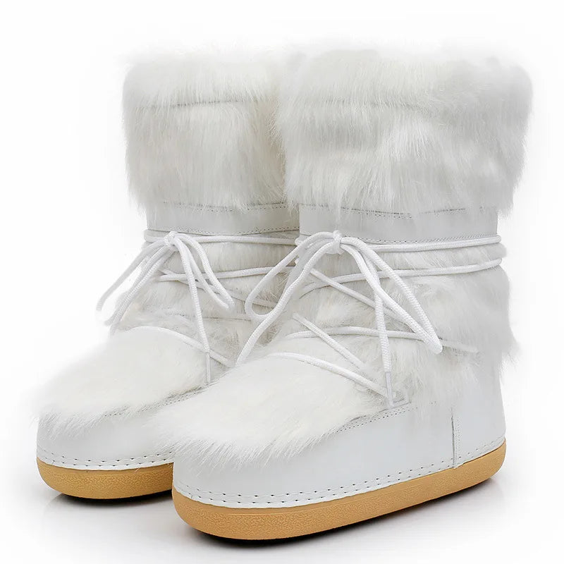 2024 Winter Snow Boots Women Ski Fluffy Hairy Lace Up Middle Calf Zpaxo white full hair 39-40(Insole25cm) China Mainland