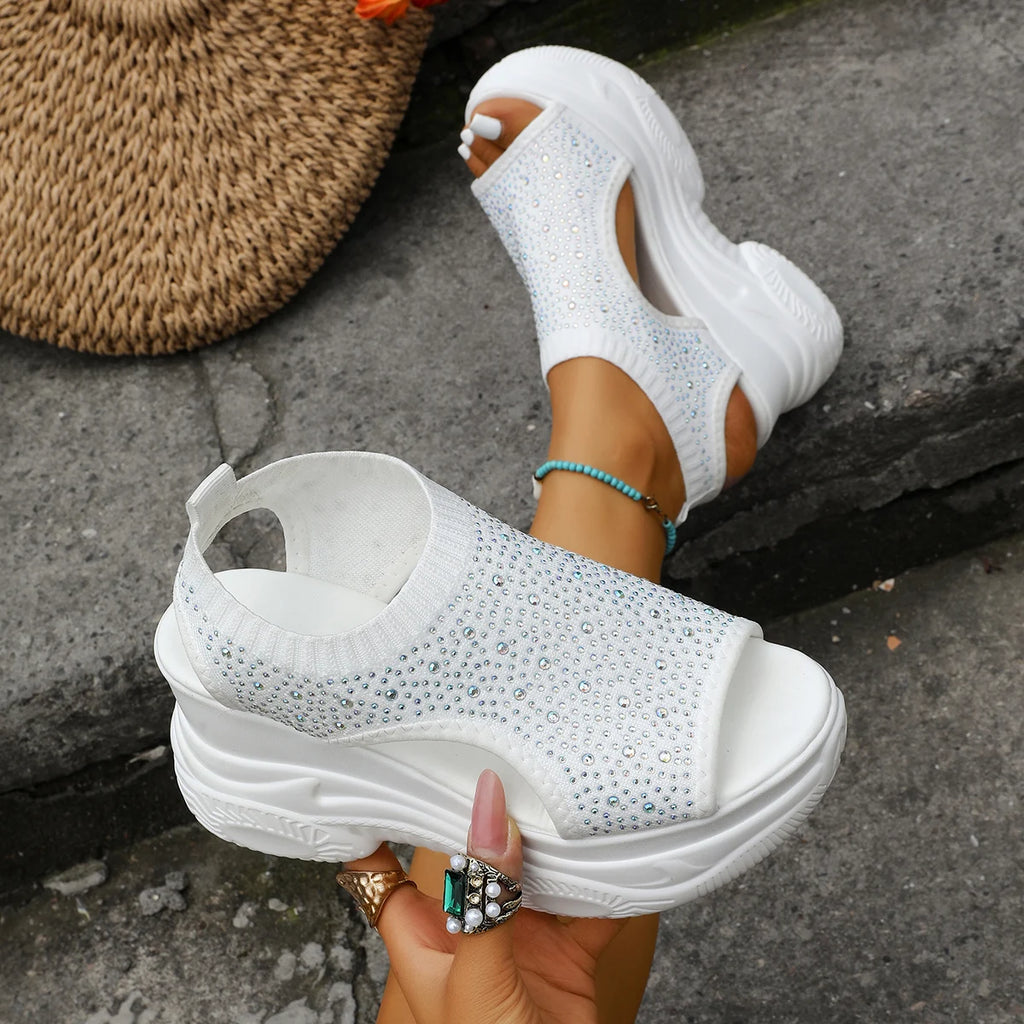 Women Sandals Casual Walking Shoes Rhinestone Mesh Breathable Platform Sandals Fashion Slip-On Lightweight Wedge Shoes Women Zpaxo
