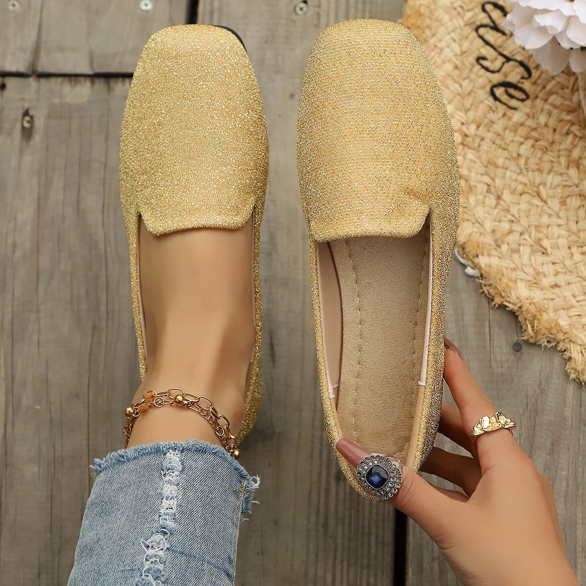 Women Flats Spring Summer Fashion Loafers Shallow Mouth Single Shoes Zpaxo Gold 39