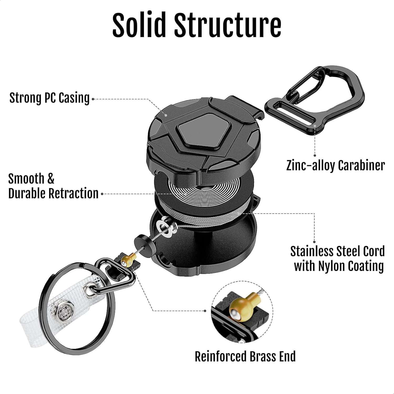 Universal 31.5" Steel Retractable Cord Keychain Anti Theft ID Badge Holder Reel Carabiner Heavy Duty Lanyard Telescopic Keychain Zpaxo