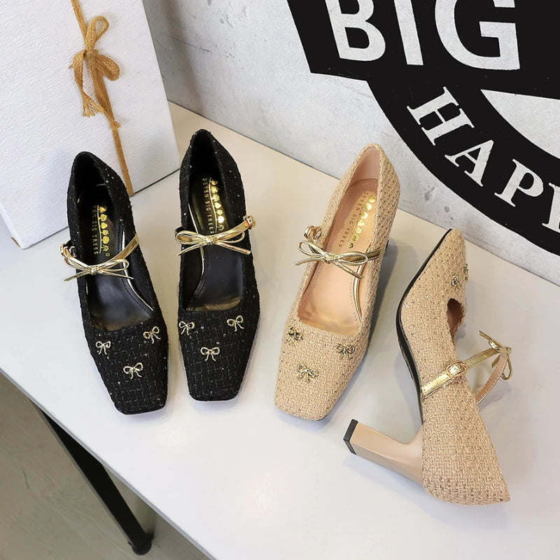 Tweed Heels Gold Bow Ankle Strap Block Heel Square Toe Elegant Pumps Zpaxo