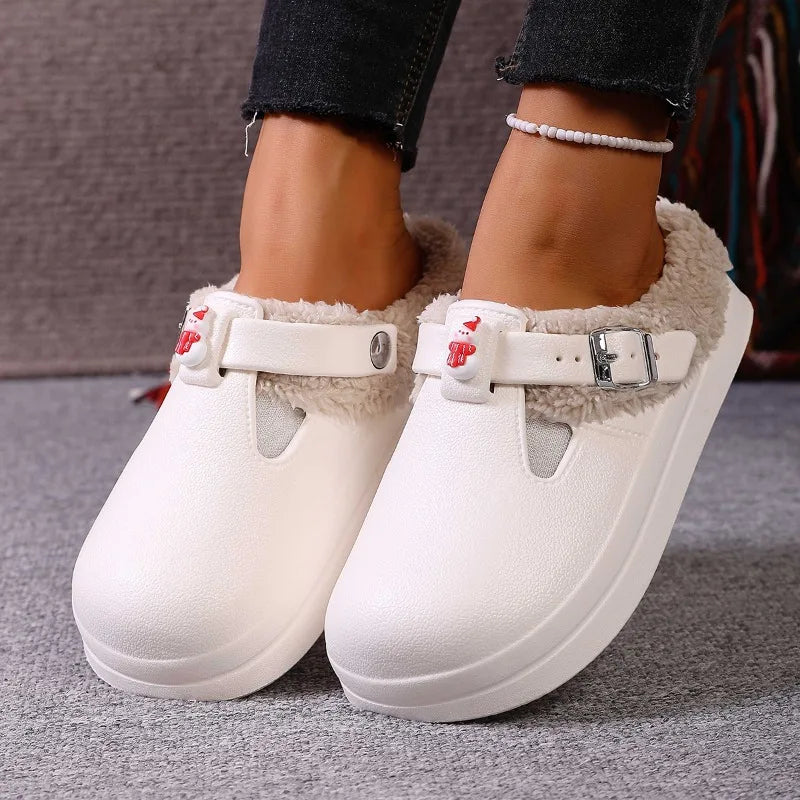 Waterproof Eva Furry Mules Slippers Women Winter Metal Buckle Warm