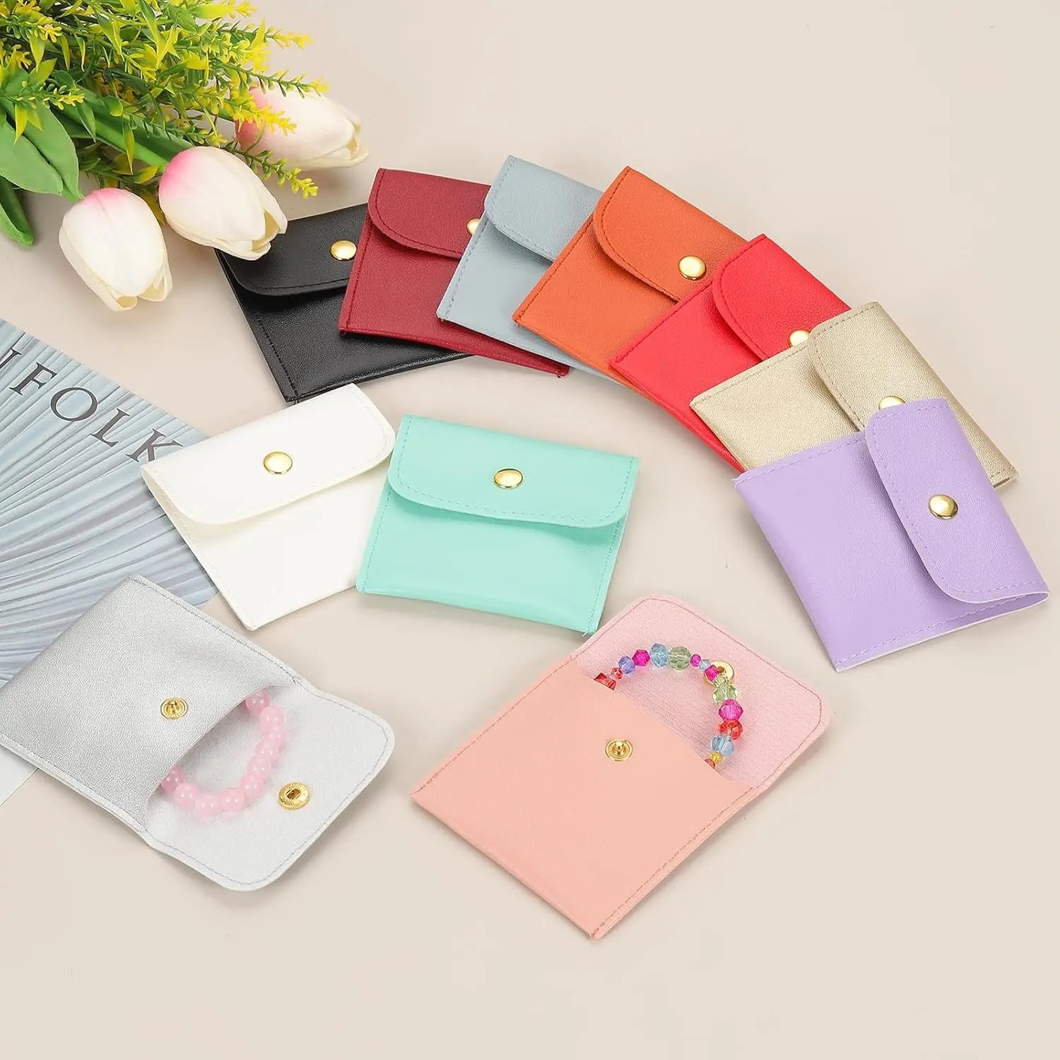 PU Leather Jewelry Pouches – Snap Button Travel Organizer 6/12 Pack
