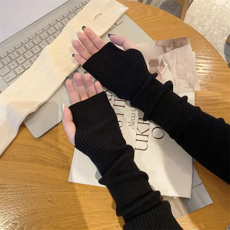 Y2K Fingerless Mittens Women Knitted Gloves Cosplay Anime Gloves Winter Arm Warmers Punk Gothic Harajuku Knit Mitten Arm Sleeves Zpaxo