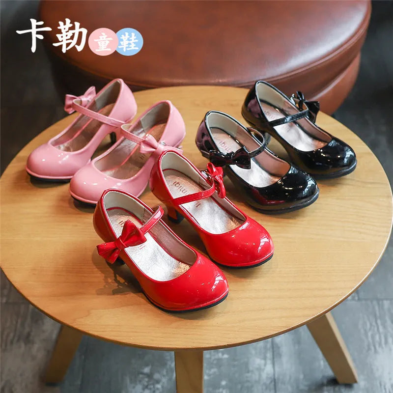Girls Leather Shoes Autumn Bowtie Sandals 2023 Children Heels Zpaxo