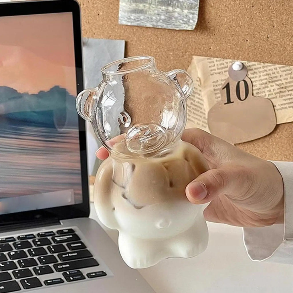 Glass Tumbler Straw Bear Design Cute Iced Coffee Cup Juice Water