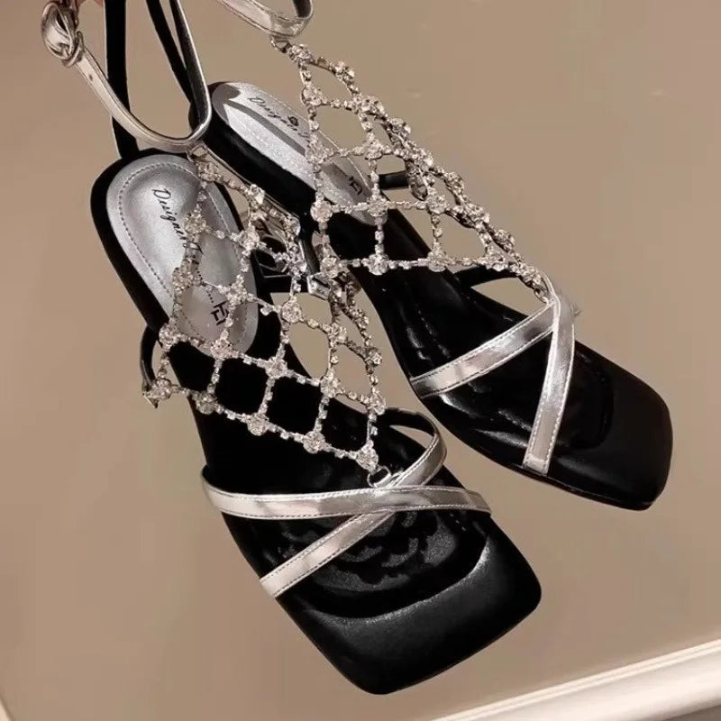 2026 Fashion Narrow Band Open Toe Women's Sandals Rhinestone Mesh Zpaxo