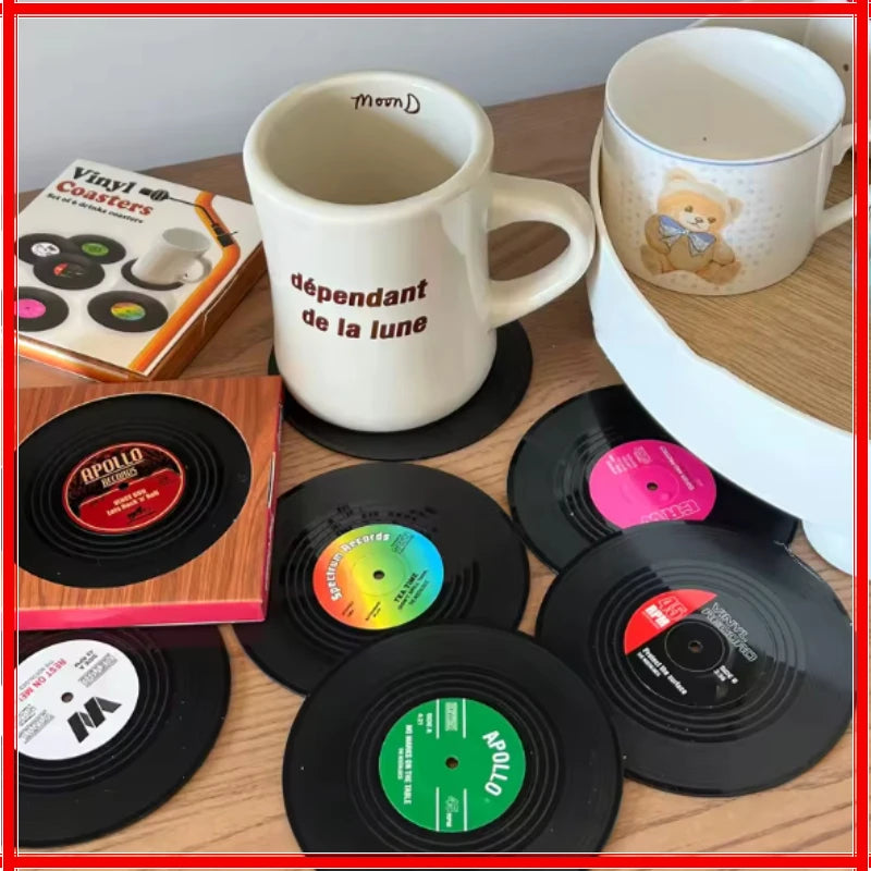 Newest 6pcs Record Cup Mat Plastic Retro Vinyl Anti-slip Coffee Coasters Heat Resistant Music Drink Mug Mat Table Placemat Decor Zpaxo