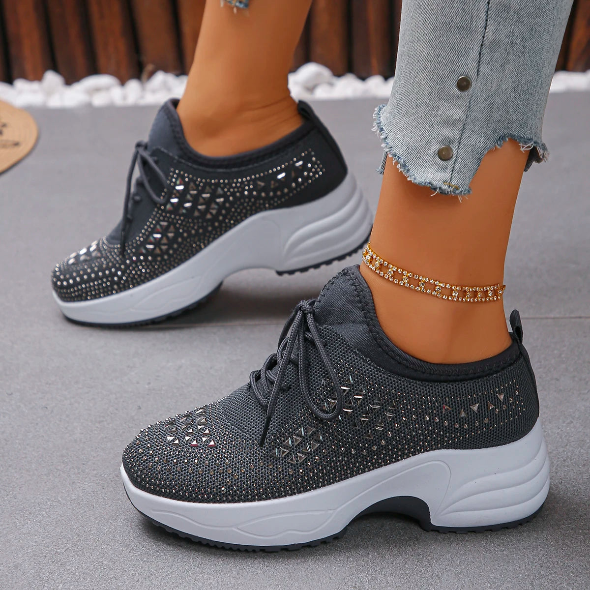 2026 Women Sneakers Shiny Rhinestone Wedge Shoes Breathable Non Slip Zpaxo GRAY 37