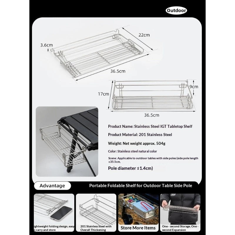 Aluminum Outdoor Storage Rack Table Side Hanging Mesh IGT Table Expansion Bracket Folding Extension Basket Folding Rack Hot Zpaxo Silver 1PC