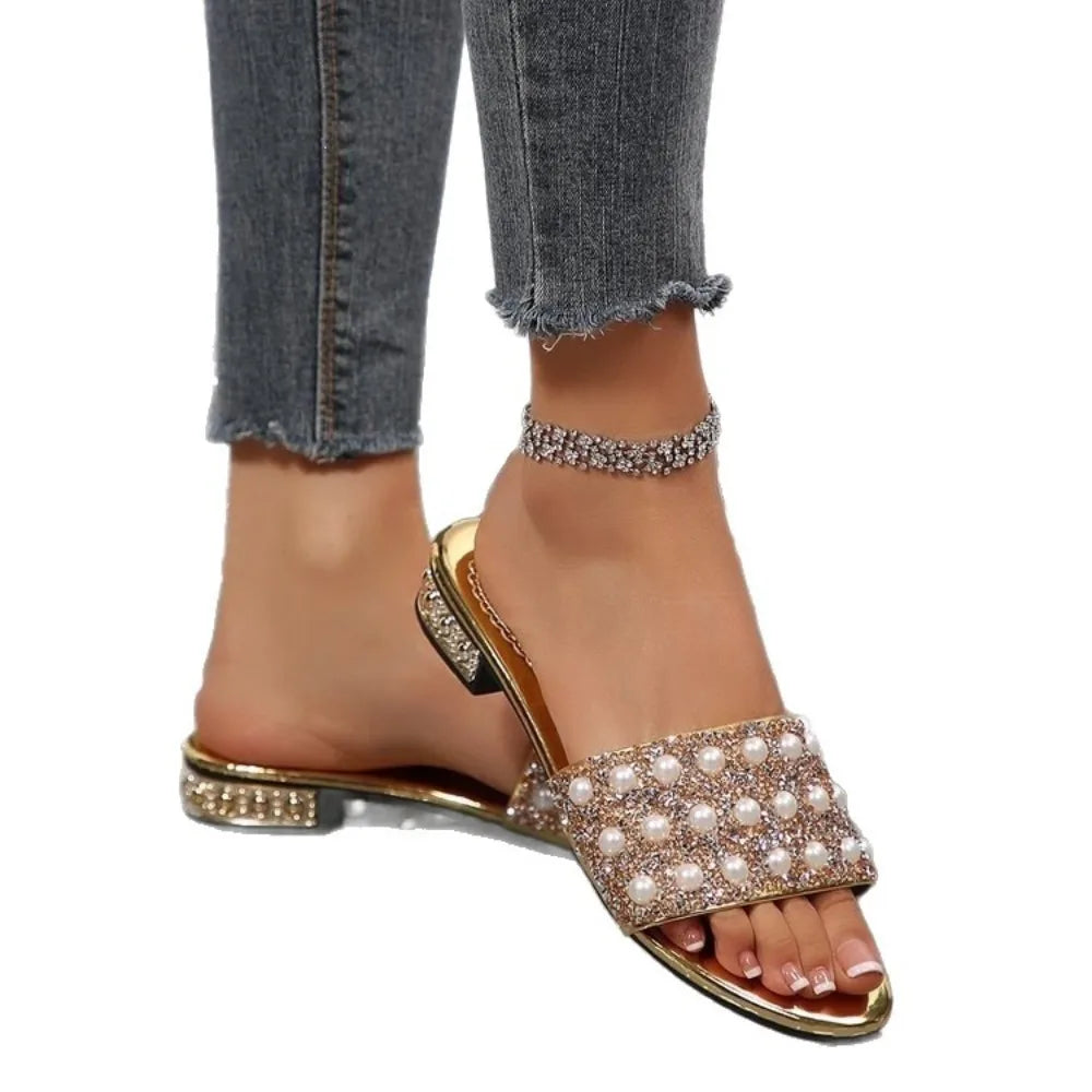 Women Summer Rhinestone Slippers Fashion Round Toe Square Heel