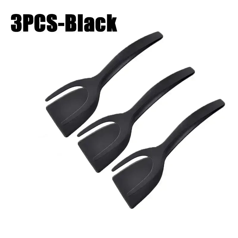 2-in-1 Egg Spatula Tongs Cooking Utensils Kitchen Accessories Pancake Cooking Machine Flip Pliers Nylon Clip Gadget Tools Zpaxo 3PCS-Black