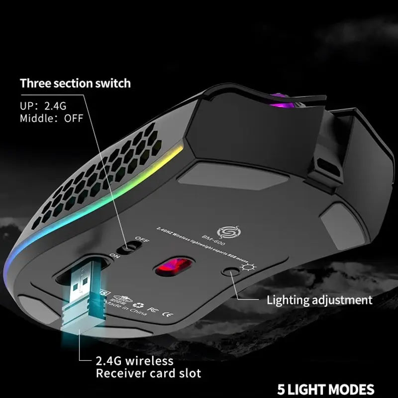 BM600 Rechargeable USB Wireless RGB Light Honeycomb Gaming Mouse Zpaxo