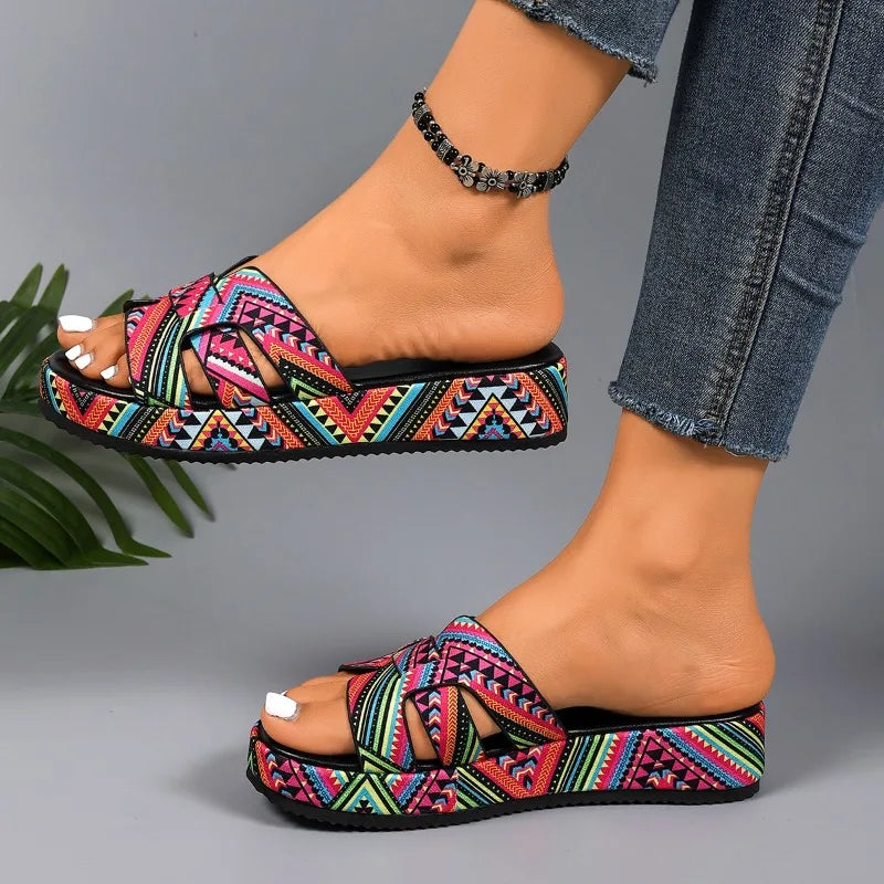 Summer Women's Open Toe Colorful Printed Platform Slippers Zpaxo