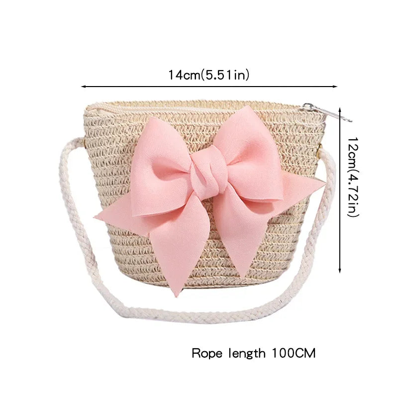 Cute Bow Straw Shoulder Bags Baby Girls Handmade Woven Crossbody Bag