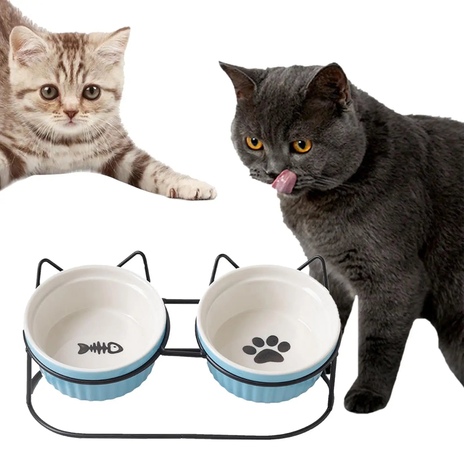 Retro Cat Bowls Raised Stand, Double Elevated Feeding Bowls Holder for Pet Ceramic Bowl Dog Cat Food Feeding Bowls Stand Zpaxo black