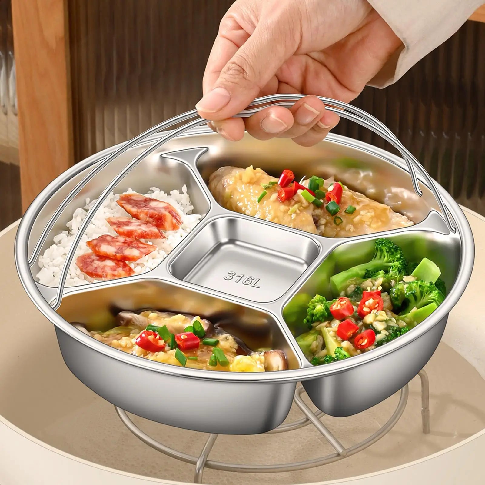 5-Grid Divided Stainless Steel Serving Tray | Snack & Fruit Plate Divided Serving Tray Zpaxo