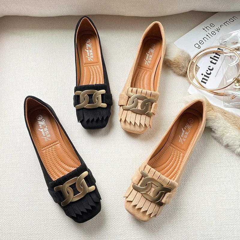 Flat Shoes Woman Retro Tassels Square Shallow Single Shoes for Women 2023 New Metal Buckle Flat Loafers Women Big Size 45 45 46 Zpaxo