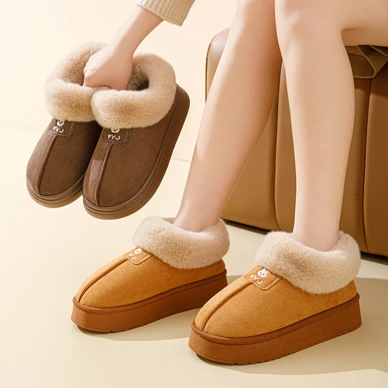 Winter Woman Slippers Plush Anti Slip Sole Thick Bottom Embroider