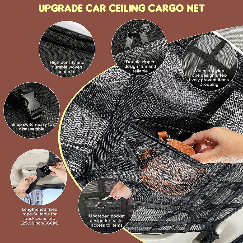 Car Strong Net Bag Load-Bearing Mesh Car Roof Storage Capacity Car Ceiling Auto Accessories Organizer Large Journey Space Saving Zpaxo