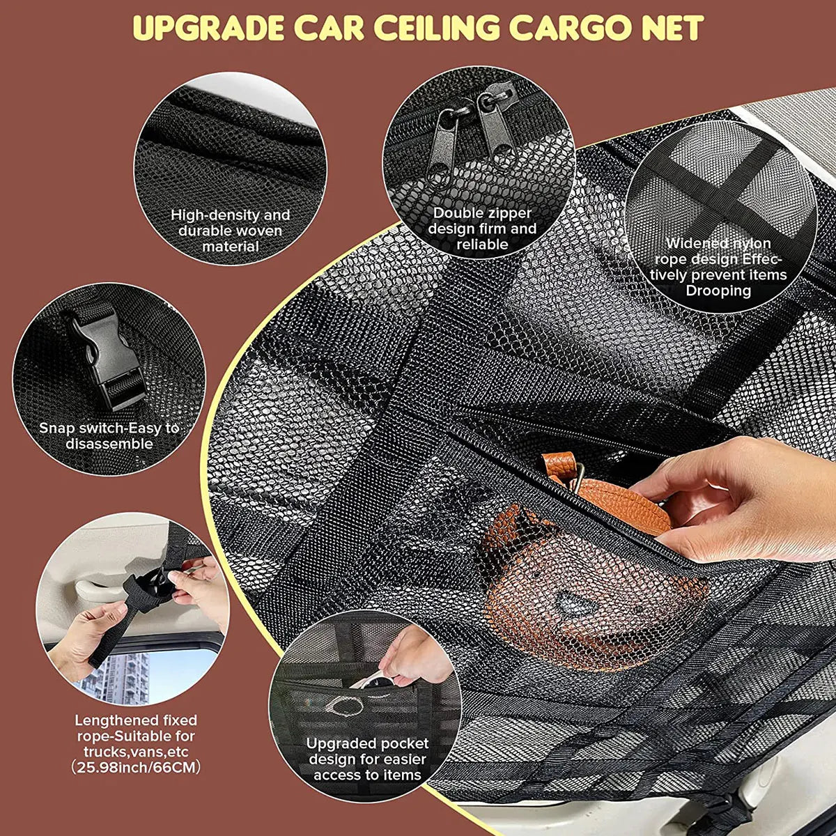 Car Strong Net Bag Load-Bearing Mesh Car Roof Storage Capacity Car Ceiling Auto Accessories Organizer Large Journey Space Saving Zpaxo
