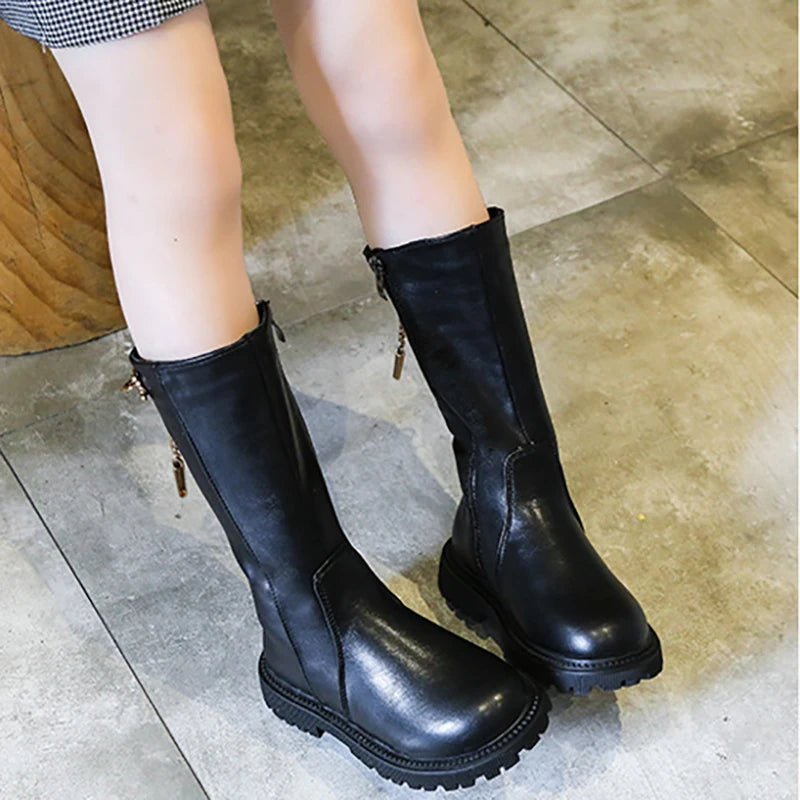 Winter Girl's Long Boots Black Pu Leather Platform Plush Trendy Zpaxo