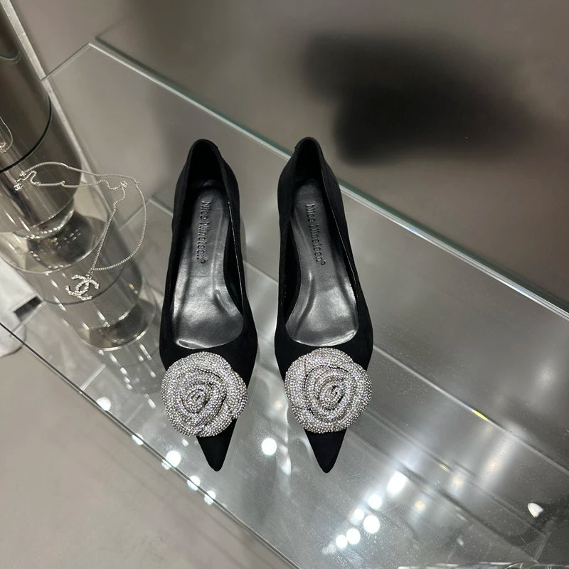 Flat Shoes for Women 2025 Spring Autumn Casual Diamond Rose Flower Shallow Mouth Black Low Heel Pointed Toe Ladies Shoes Zpaxo