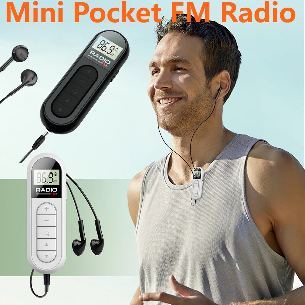 FM Radio Backlight LCD Display Mini Pocket Clip Headphones Personal