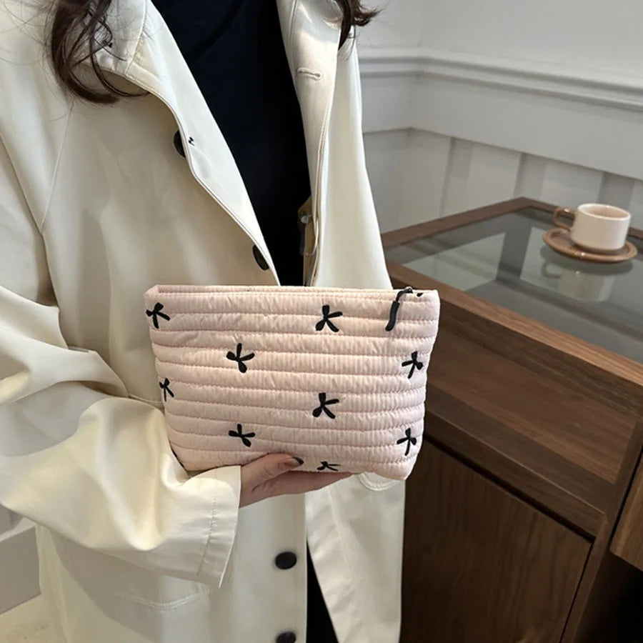 Cute Makeup Bag with Zipper Large Capacity Cosmetic Bag Embroidery Bow Wash Storage Bag Zpaxo