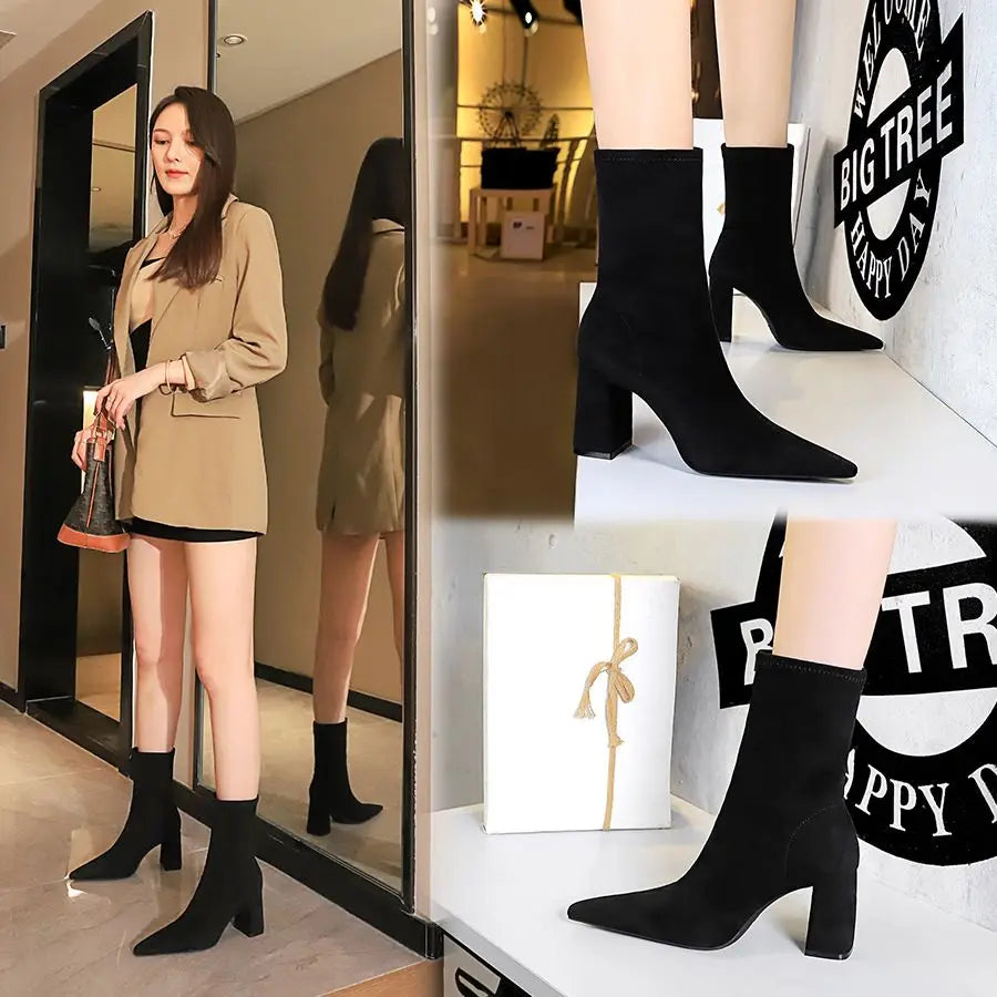 43 Thick Heel Ladies Work Boots Black Flock Sexy Slim Slip-on Ankle Zpaxo