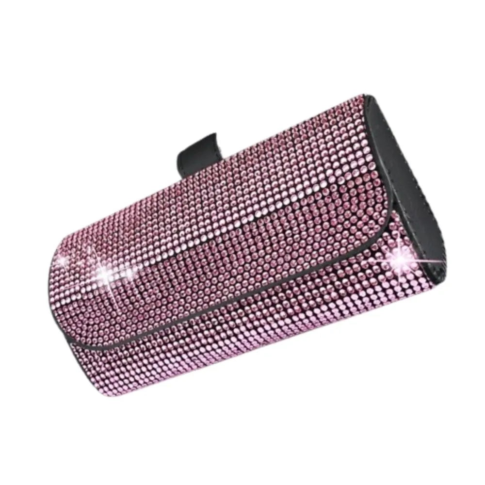Portable Bling Sun Visor Glasses Case Rhinestone PU Leather Car Eyeglasses Holder Crystal Luxury Sunglasses Storage Box Vehicle Zpaxo Pink
