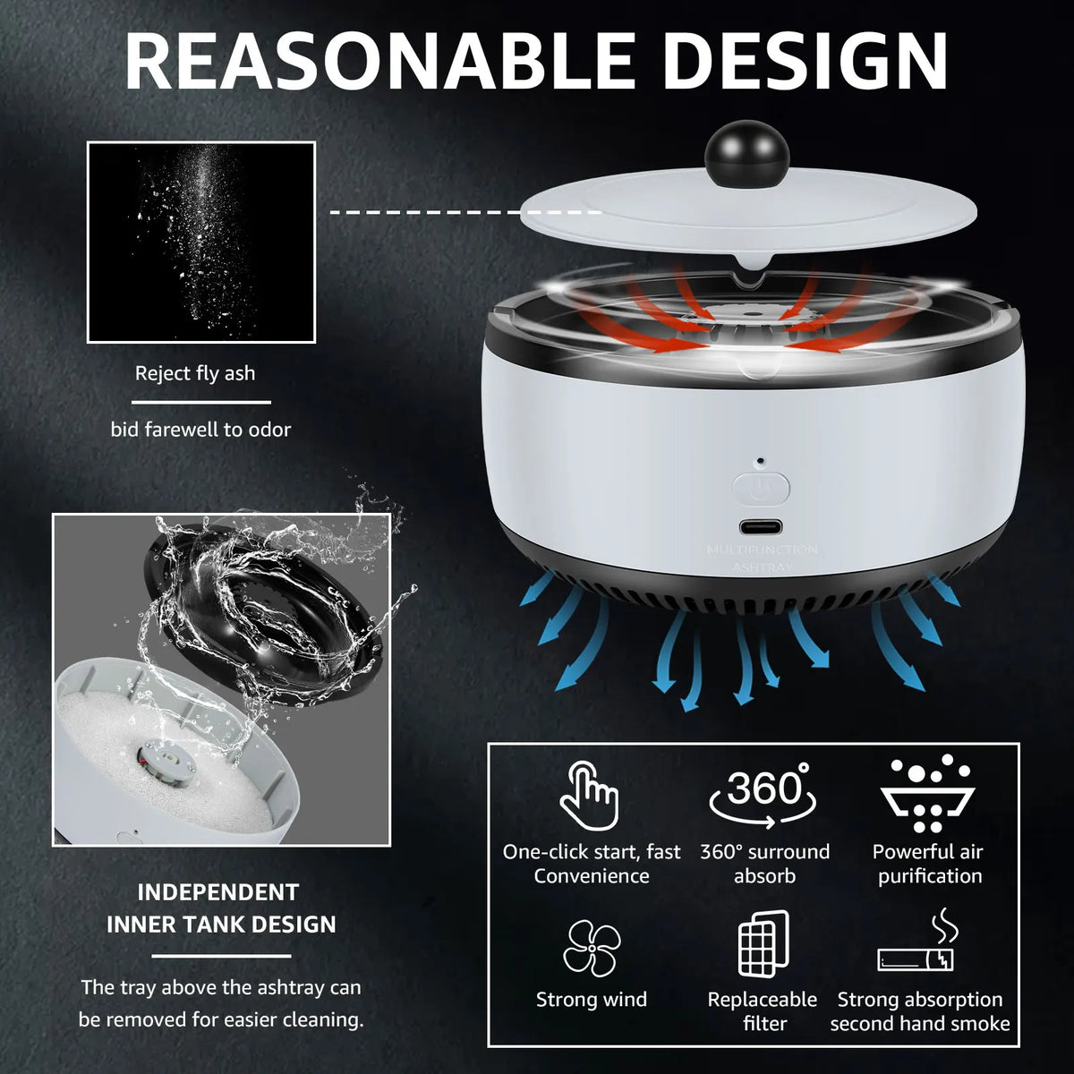 2 in 1 Purifier Ashtray Filtering Second-Hand Smoke From Cigarettes Remove Odor Smoking Accessories with Lid for Family Office Zpaxo