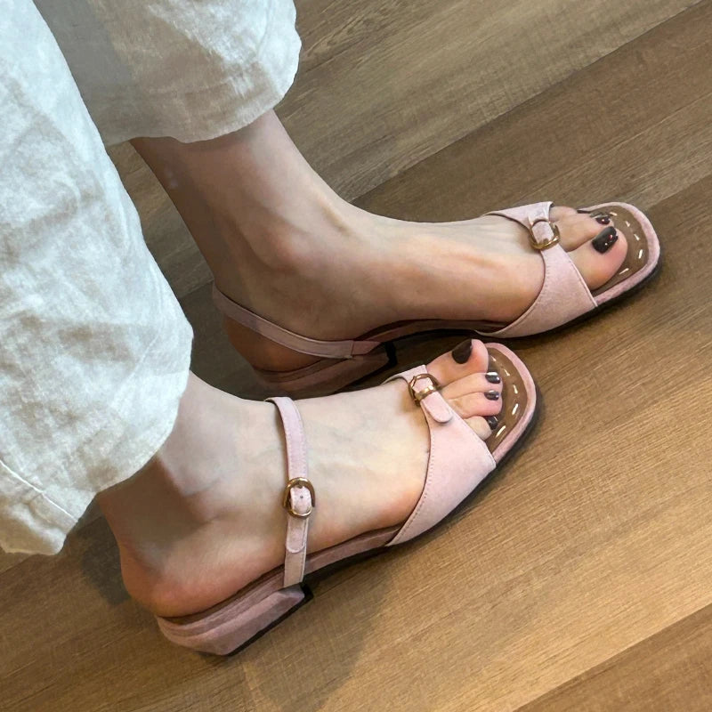Square Open Toe Women's Vintage Hollow Out Breathable Mid Heel Zpaxo