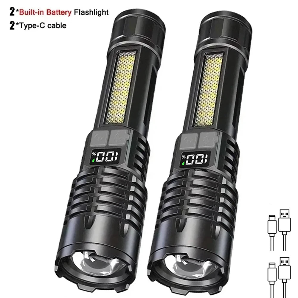 High Power LED Flashlight Type-C Rechargeable Waterproof Torch with COB Side Light Zoom Portable Camping Hiking Lamp Zpaxo 2Psc Black