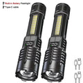 Super Bright LED Flashlight Type-C Rechargeable Tactical Torch with COB Side Light Waterproof Zoomable Camping Outdoor Lantern Zpaxo 2Psc Black