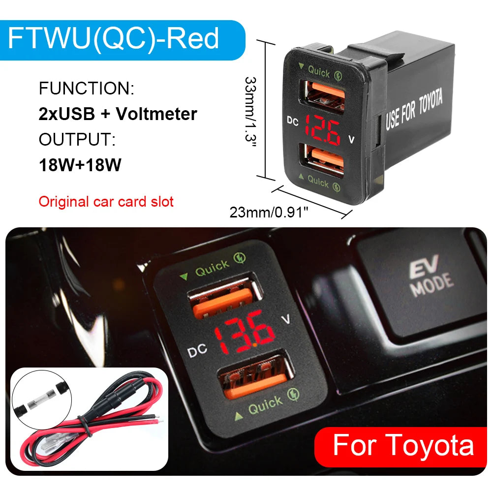 QC 3.0 USB Charger For Toyota Corolla Yaris RAV4 Car Power Adapter Socket Fuse LED Indicator Voltmeter Test Interior Accessories Zpaxo FTWU(QC) Red