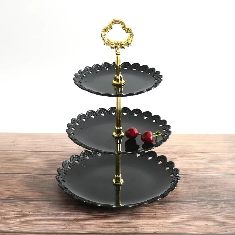 Hot Creative Petals Plastic Fruit Plate Three Layer Snack Rack Dry Fruit Storage Plate Multi Layer Fruit Plate Dessert Cake Rack Zpaxo Black