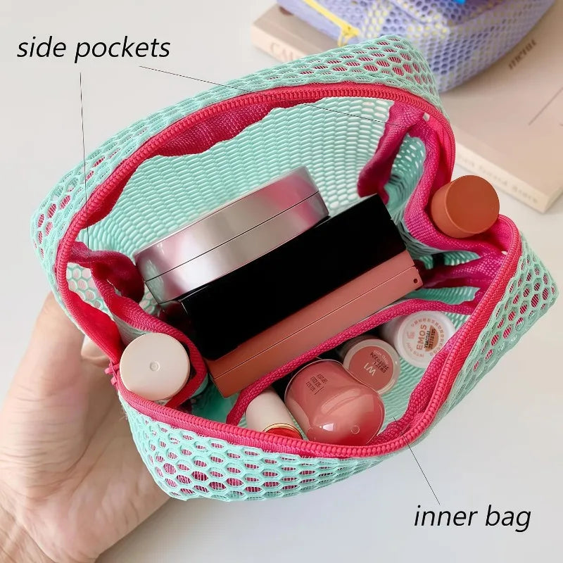 Vibrant Dopamine Mesh Makeup Organizer Bag Large Capacity Travel