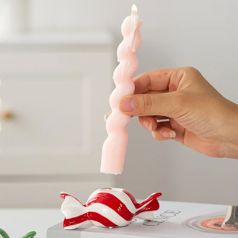 Ceramic Candy Striped Tealight Candle Holder | Festive Decor