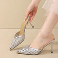 Women's Hollow Pointed Toe Sandals Elegant Metal Heels Shoes Women Zpaxo Silver 37