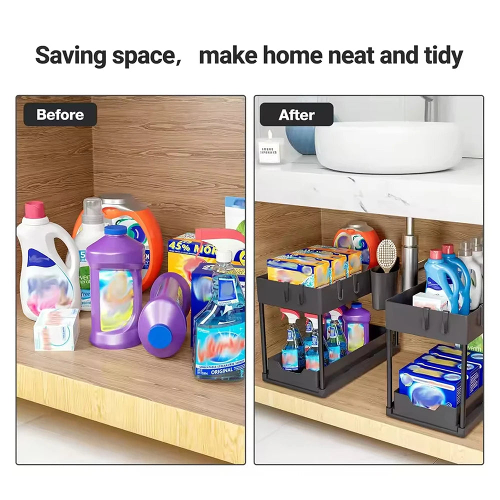 Under Sink Organizer Storage With Hooks 2-Tier Sliding Cabinet Basket Organizer Pull Out Sliding Drawer for Bathroom Kitchen Zpaxo