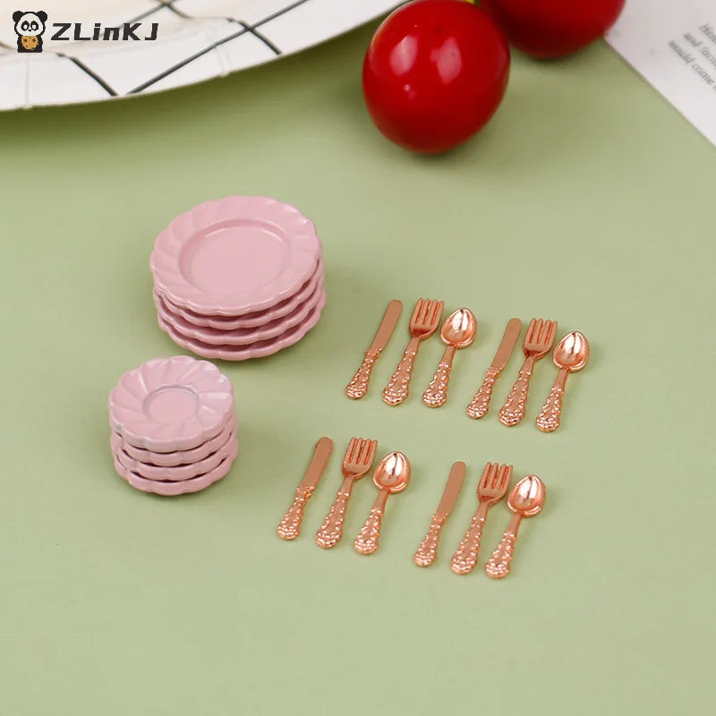 ▶1:12 Dollhouse Decor Toy with Utensils (Knife Fork Spoon Plate Set )-Kitchen Furniture Scene Model & Miniature Decorative Gift Zpaxo