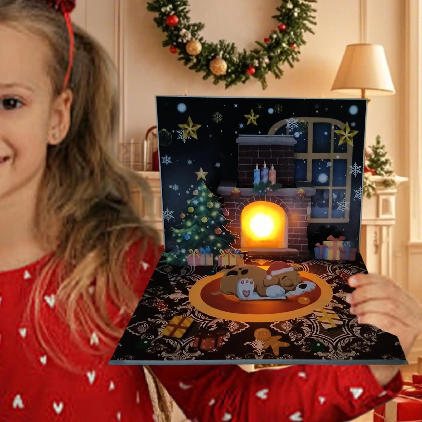 Christmas Popup Cards Musical Greeting Light Santa Projection 3D