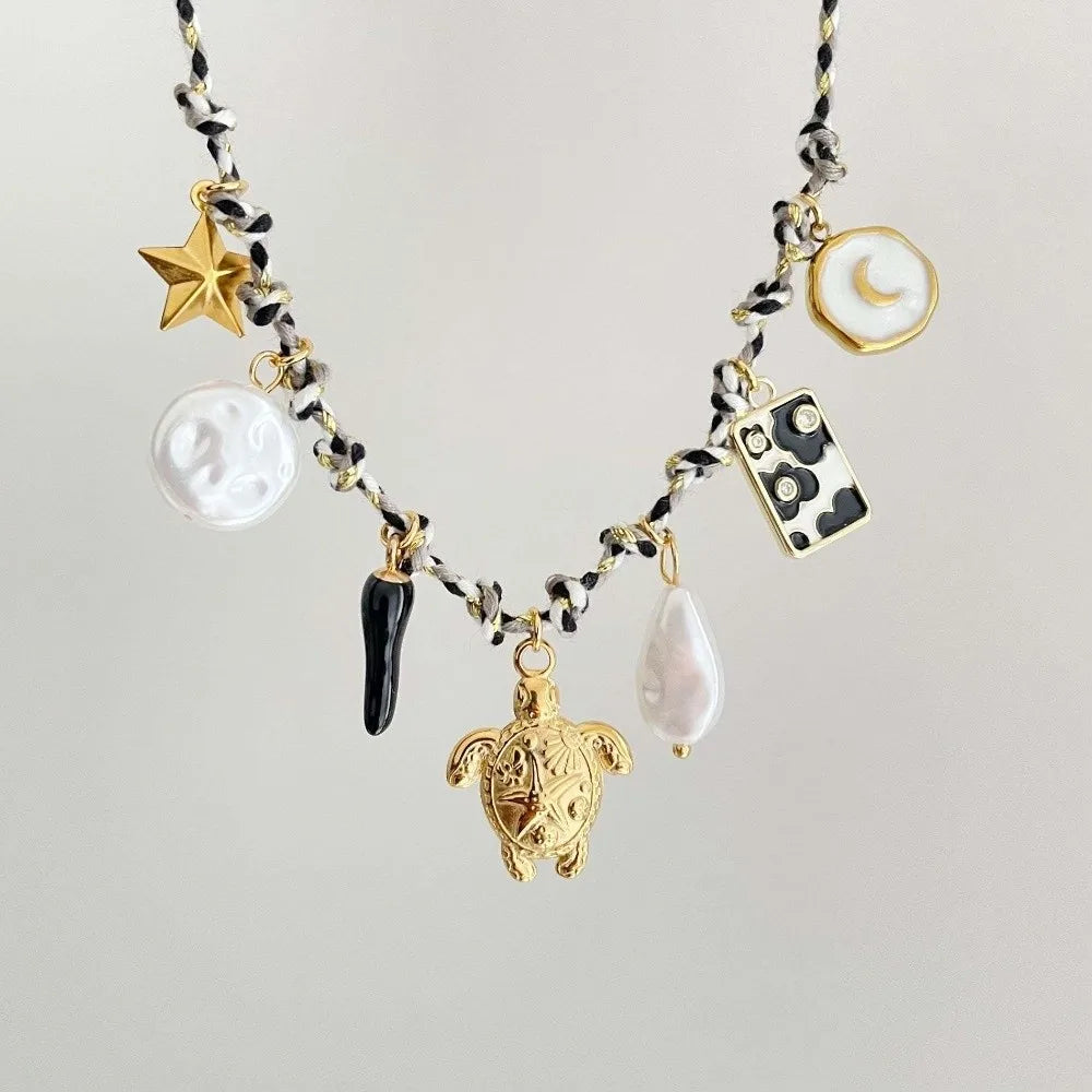 New Boho Knotting Rope Chain Necklace Starfish Sun Charm Pearl Pendant Necklace Turtle Clavicle Chain Beach Zpaxo