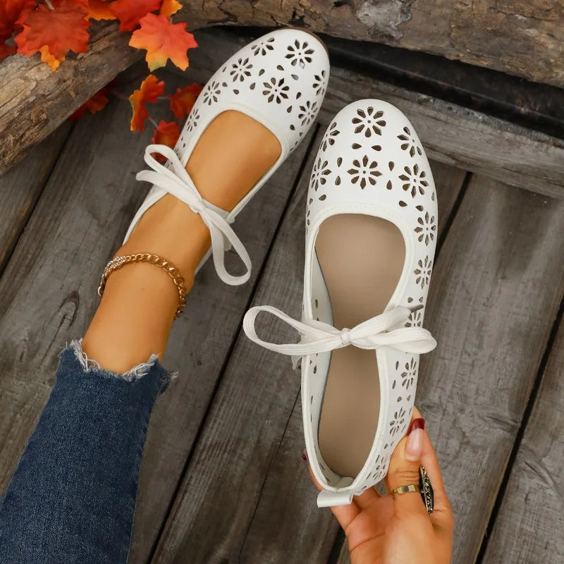2026 Women's Flats Lace Up Single Shoes Ladies Spring Hollow Zpaxo